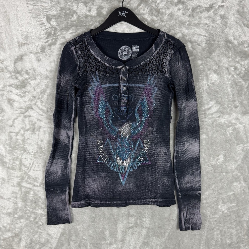 Y2K Vintage Affliction Womens Henley Womens Size Medium Grunge Cross Bike Cyber